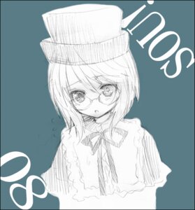 Rating: Safe Score: 0 Tags: 1girl :o bangs black_border border character_name circle_cut eyebrows_visible_through_hair frills glasses hat image letterboxed long_sleeves looking_at_viewer monochrome neck_ribbon ribbon simple_background solo souseiseki User: admin