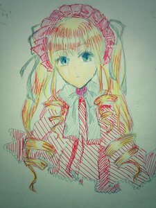 Rating: Safe Score: 0 Tags: 1girl blonde_hair blue_eyes bonnet bow closed_mouth image long_hair long_sleeves looking_at_viewer necktie photo shinku solo traditional_media twintails upper_body User: admin