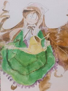 Rating: Safe Score: 0 Tags: 1girl black_ribbon brown_hair dress drill_hair frills green_dress image long_hair long_sleeves ribbon solo suiseiseki traditional_media very_long_hair User: admin