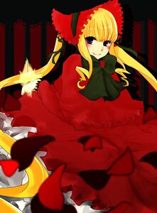 Rating: Safe Score: 0 Tags: 1girl blonde_hair blue_eyes blush bonnet bow bowtie dress flower green_bow image long_hair long_sleeves looking_at_viewer petals red_dress rose shinku smile solo twintails very_long_hair User: admin