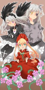 Rating: Safe Score: 0 Tags: 3girls black_wings blonde_hair dress flower frills image long_hair long_sleeves multiple multiple_girls open_mouth purple_eyes red_dress shinku silver_hair smile suigintou tagme wings User: admin