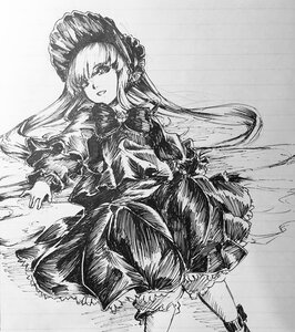 Rating: Safe Score: 0 Tags: 1girl bangs bonnet capelet dress frills greyscale hat image long_hair long_sleeves looking_at_viewer monochrome shinku solo traditional_media User: admin