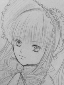 Rating: Safe Score: 0 Tags: 1girl bangs bonnet closed_mouth flower greyscale image long_hair looking_at_viewer monochrome rose shinku simple_background sketch solo white_background User: admin