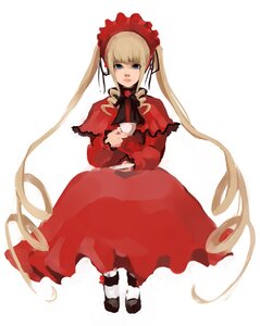 Rating: Safe Score: 0 Tags: 1girl blonde_hair blue_eyes bonnet bow bowtie capelet dress full_body image long_hair long_sleeves looking_at_viewer red_dress shinku shoes sitting solo twintails very_long_hair User: admin