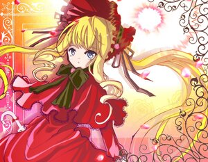 Rating: Safe Score: 0 Tags: 1girl blonde_hair blue_eyes bonnet bow bowtie capelet dress flower green_bow image long_hair long_sleeves looking_at_viewer red_capelet red_dress rose shinku solo twintails very_long_hair User: admin