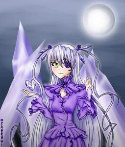 Rating: Safe Score: 0 Tags: 1girl barasuishou dress eyepatch flower image juliet_sleeves long_hair long_sleeves looking_at_viewer moon ribbon rose silver_hair solo very_long_hair yellow_eyes User: admin