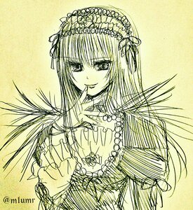 Rating: Safe Score: 0 Tags: 1girl dress finger_to_mouth flower frills hairband image long_hair long_sleeves looking_at_viewer monochrome ribbon simple_background smile solo suigintou upper_body User: admin