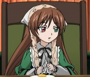 Rating: Safe Score: 0 Tags: 1girl brown_hair dress frills green_dress head_scarf heterochromia image indoors long_hair long_sleeves red_eyes solo suiseiseki table User: admin