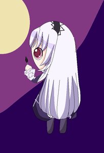 Rating: Safe Score: 0 Tags: 1girl chibi food full_body image long_hair long_sleeves looking_back purple_background skirt solo suigintou User: admin