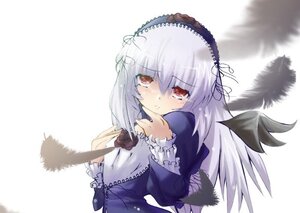 Rating: Safe Score: 0 Tags: 1girl black_wings blush dress feathers flower frills hairband image long_hair long_sleeves looking_at_viewer red_eyes silver_hair simple_background solo suigintou upper_body white_background wings User: admin