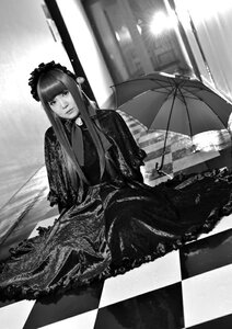 Rating: Safe Score: 0 Tags: 1girl argyle argyle_background argyle_legwear board_game checkered checkered_background checkered_floor checkered_kimono checkered_skirt chess_piece dress gothic_lolita greyscale lolita_fashion lolita_hairband long_hair monochrome on_floor parasol perspective reflection shinku sitting solo tile_floor tiles umbrella vanishing_point User: admin