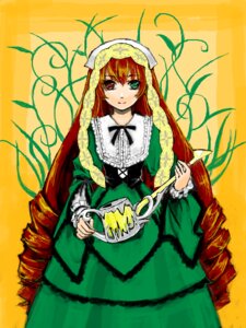Rating: Safe Score: 0 Tags: 1girl brown_hair dress drill_hair frills green_dress green_eyes heterochromia image long_hair long_sleeves looking_at_viewer red_eyes ribbon simple_background solo suiseiseki twin_drills very_long_hair watering_can yellow_background User: admin