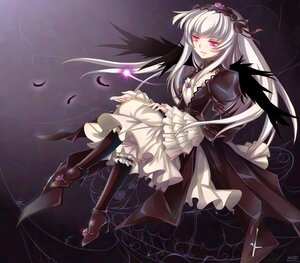 Rating: Safe Score: 0 Tags: 1girl black_wings boots commentary_request dress feathers flower frills hairband image long_hair long_sleeves mtyy photoshop_(medium) pink_eyes rose rozen_maiden silver_hair solo suigintou white_hair wings User: admin