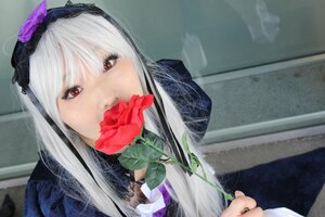 Rating: Safe Score: 0 Tags: 1girl bangs flower hairband holding_flower long_hair looking_at_viewer nail_polish photo red_eyes red_flower rose solo suigintou upper_body white_hair User: admin
