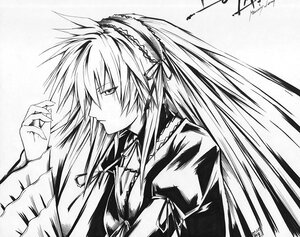 Rating: Safe Score: 0 Tags: 1girl dress frills greyscale hairband image long_hair long_sleeves monochrome ribbon signature solo suigintou upper_body User: admin