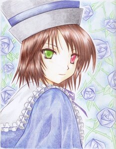 Rating: Safe Score: 0 Tags: 1girl auto_tagged blue_flower blue_rose brown_hair flower green_eyes hat heterochromia image long_sleeves looking_at_viewer marker_(medium) purple_rose red_eyes rose short_hair solo souseiseki suiseiseki traditional_media User: admin