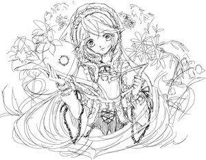 Rating: Safe Score: 0 Tags: 1girl dress flower frills greyscale image lineart long_hair long_sleeves looking_at_viewer monochrome solo suiseiseki very_long_hair User: admin