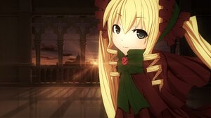 Rating: Safe Score: 0 Tags: 1girl blonde_hair bonnet bow bowtie dress flower green_bow green_neckwear image long_hair looking_at_viewer ribbon rose shinku smile solo twintails User: admin