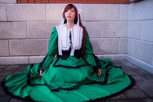 Rating: Safe Score: 0 Tags: 1girl against_wall brick_wall brown_hair dress frills green_dress looking_at_viewer on_floor sitting solo suiseiseki tile_floor tiles wall User: admin