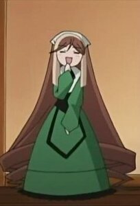 Rating: Safe Score: 0 Tags: 1girl :d apron brown_hair closed_eyes dress image long_hair long_sleeves open_mouth smile solo standing suiseiseki very_long_hair User: admin