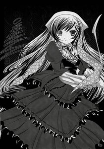 Rating: Safe Score: 0 Tags: 1girl blush dress frills greyscale image lolita_fashion long_hair long_sleeves looking_at_viewer monochrome ribbon solo standing suiseiseki very_long_hair User: admin