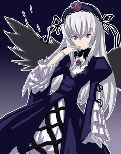 Rating: Safe Score: 0 Tags: 1girl black_wings bow date_(senpen) dress finger_to_mouth flower frills grey_hair hairband image juliet_sleeves lolita_fashion lolita_hairband long_hair long_sleeves looking_at_viewer pink_eyes puffy_sleeves purple_eyes ribbon rose rozen_maiden silver_hair smile solo suigintou wings User: admin