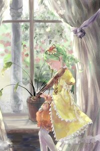 Rating: Safe Score: 0 Tags: 1girl closed_eyes curtains dress flower frills green_hair hair_flower hair_ornament image kanaria long_hair sitting solo white_legwear window yellow_dress User: admin