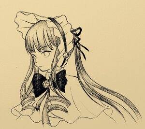 Rating: Safe Score: 0 Tags: 1girl capelet drill_hair hairband image long_hair monochrome ribbon shinku sidelocks simple_background solo traditional_media upper_body User: admin