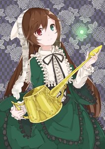 Rating: Safe Score: 0 Tags: 1girl brown_hair dress frills green_dress green_eyes heterochromia image long_hair long_sleeves looking_at_viewer red_eyes ribbon smile solo suiseiseki watering_can User: admin