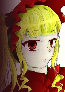 Rating: Safe Score: 0 Tags: 1girl bangs blonde_hair bonnet bow closed_mouth drill_hair face flower hat image long_hair looking_at_viewer portrait red_eyes red_rose rose shinku simple_background solo User: admin