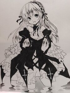 Rating: Safe Score: 0 Tags: 1girl blush dress frills greyscale hairband image lolita_fashion lolita_hairband long_hair long_sleeves looking_at_viewer monochrome open_mouth smile solo suigintou traditional_media wide_sleeves User: admin