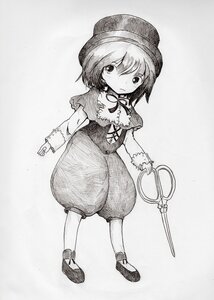 Rating: Safe Score: 0 Tags: 1girl capelet closed_mouth eyebrows_visible_through_hair full_body greyscale hat holding image looking_at_viewer monochrome shoes short_hair skirt solo souseiseki standing traditional_media weapon User: admin