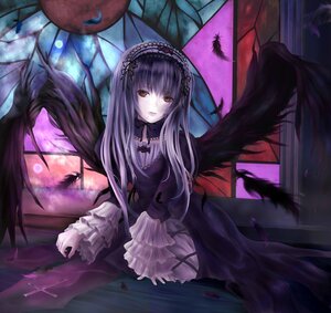 Rating: Safe Score: 0 Tags: 1girl black_wings cross dress feathers flower frills hairband image long_hair long_sleeves looking_at_viewer red_eyes rose silver_hair sitting solo suigintou wings User: admin