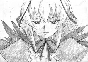 Rating: Safe Score: 0 Tags: 1girl akemi_homura face graphite_(medium) greyscale hair_ribbon image long_hair looking_at_viewer monochrome ribbon simple_background solo suigintou traditional_media upper_body white_background wings User: admin