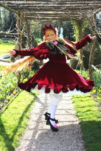 Rating: Safe Score: 0 Tags: 1girl blonde_hair bow dress flower forest grass long_sleeves nature outdoors outstretched_arms red_dress shinku shoes solo spread_arms tree white_legwear User: admin