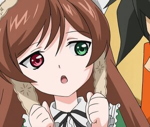 Rating: Safe Score: 0 Tags: 1girl :o braid brown_hair clenched_hand clenched_hands green_eyes image long_hair long_sleeves open_mouth paw_pose red_eyes ribbon solo suiseiseki twin_braids User: admin