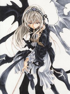 Rating: Safe Score: 0 Tags: 1girl black_wings dress flower frills hairband image long_hair long_sleeves looking_at_viewer red_eyes rose solo suigintou traditional_media watercolor_(medium) weapon wings User: admin