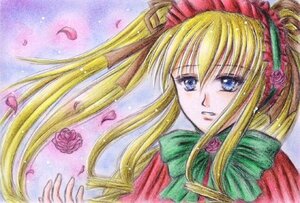 Rating: Safe Score: 0 Tags: 1girl blonde_hair blue_eyes bow dress flower green_bow green_neckwear image long_hair looking_at_viewer marker_(medium) petals pink_flower pink_rose red_rose rose shinku sidelocks solo traditional_media User: admin