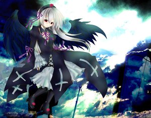 Rating: Safe Score: 0 Tags: 1girl black_wings boots dress feathered_wings full_body hat image long_hair long_sleeves red_eyes ribbon silver_hair solo standing suigintou wings User: admin