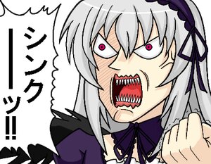 Rating: Safe Score: 0 Tags: 1girl angry dress hairband image long_sleeves open_mouth sharp_teeth silver_hair solo suigintou teeth white_background User: admin