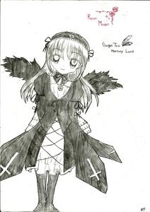 Rating: Safe Score: 0 Tags: 1girl boots dress feathered_wings flower frills full_body greyscale hairband image juliet_sleeves lolita_hairband long_hair long_sleeves looking_at_viewer monochrome rose signature smile solo standing suigintou traditional_media wings User: admin