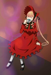 Rating: Safe Score: 0 Tags: 1girl blonde_hair bonnet bow closed_eyes cup dress drinking full_body holding_cup image long_hair long_sleeves pantyhose red_dress ribbon rose shinku shoes solo teacup twintails very_long_hair User: admin