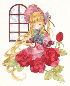 Rating: Safe Score: 0 Tags: 1girl bangs blonde_hair bonnet closed_eyes cup dress flower image long_hair long_sleeves rose shinku simple_background solo teacup traditional_media very_long_hair watercolor_(medium) User: admin