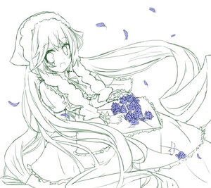 Rating: Safe Score: 0 Tags: 1girl blush bonnet dress flower frills image long_hair long_sleeves monochrome open_mouth petals rose solo suiseiseki very_long_hair User: admin