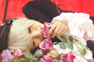 Rating: Safe Score: 0 Tags: 1girl bangs blonde_hair blurry depth_of_field flower holding lips realistic red_eyes solo suigintou upper_body User: admin