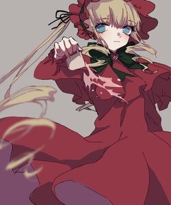 Rating: Questionable Score: 0 Tags: 1girl blonde_hair blue_eyes bonnet bow dress grey_background image long_hair long_sleeves looking_at_viewer red_dress rose shinku simple_background solo teacup User: admin