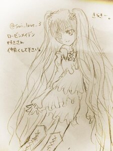 Rating: Safe Score: 0 Tags: 1girl boots dress flower frills hair_flower image kirakishou long_hair long_sleeves looking_at_viewer monochrome smile solo standing traditional_media very_long_hair User: admin