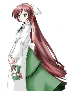 Rating: Safe Score: 0 Tags: 1girl apron brown_hair dress frills green_dress green_eyes hat head_scarf image long_hair long_sleeves looking_at_viewer simple_background solo suiseiseki very_long_hair white_background User: admin