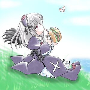 Rating: Safe Score: 0 Tags: 1girl blue_butterfly blush bug burger butterfly chibi dress drinking flower food frilled_sleeves frills grass hairband image imai_kazunari insect long_hair long_sleeves red_eyes rozen_maiden silver_hair sitting solo suigintou white_butterfly wings User: admin