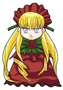 Rating: Safe Score: 0 Tags: 1girl blonde_hair blue_eyes bonnet bow bowtie dress flower full_body green_bow image long_hair long_sleeves looking_at_viewer pink_rose rose shinku simple_background solo white_background User: admin